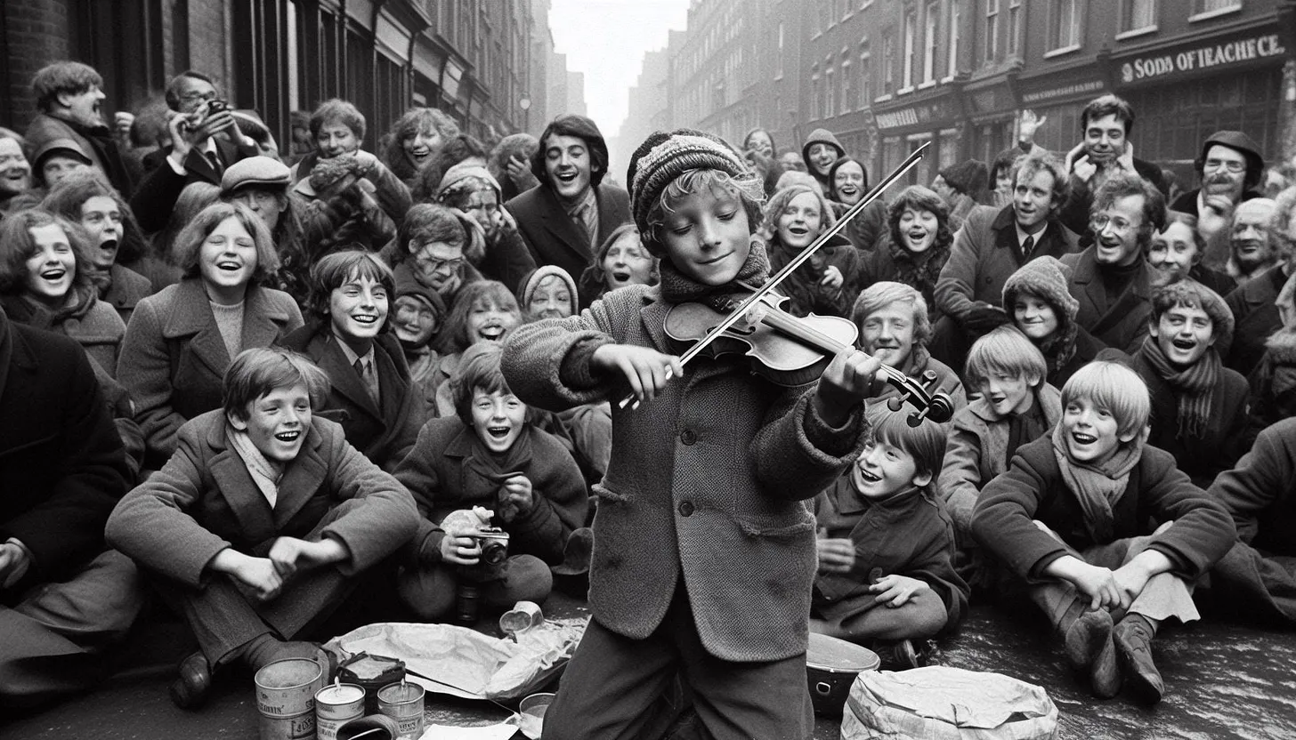 poor kid playing violin on london street with audience